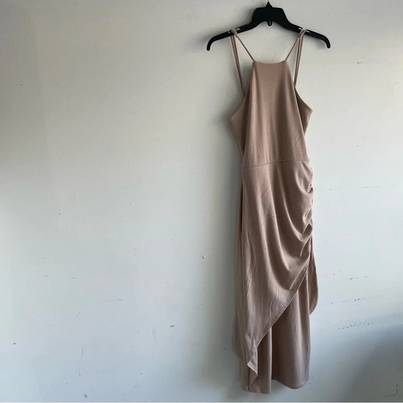 Lulus Out Ahead Tan Ribbed Ruched Halter Midi Dress 33182 - Picture 2 of 13